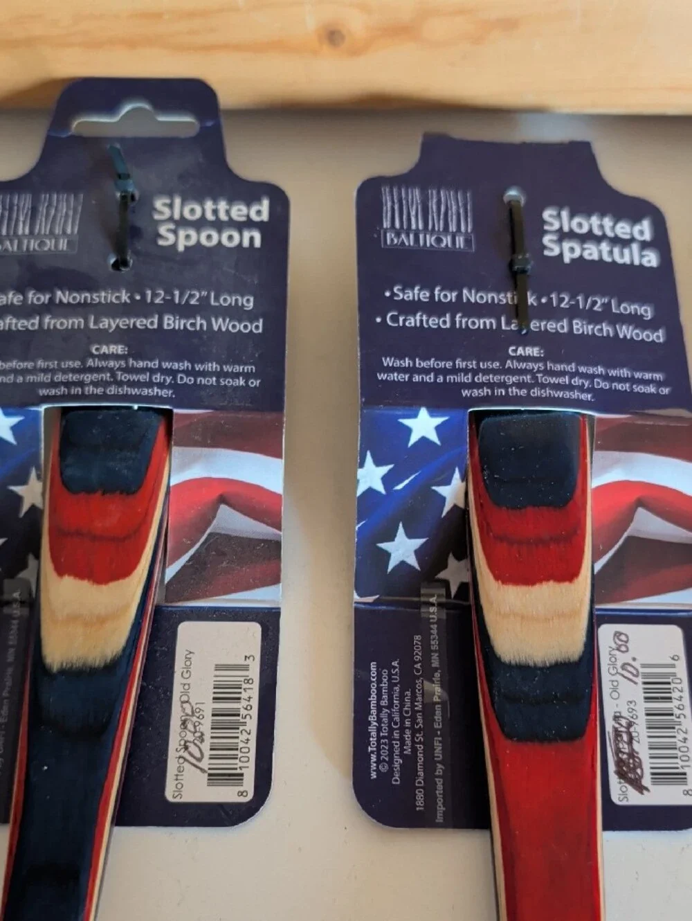NWT. Old Glory Collection Red Navy Striped Wooden Kitchen Utensils Set - 3pc